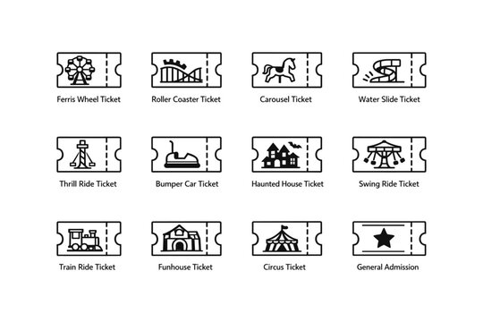 Amusement park ride tickets - icons of fun attractions: ferris wheel, roller coaster, carousel, water slide