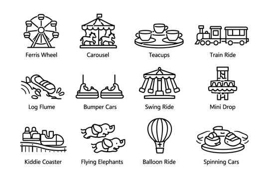 Amusement park ride icons: ferris wheel carousel teacups train and more