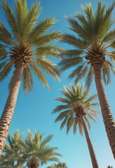 Desert palm trees stand tall under a bright blue sky with subtle hints of turquoise, their leaves swaying gently in the breeze  ,  tuscon,  blue sky,  south west