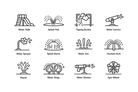 Illustrated icons of water park attractions and splash features