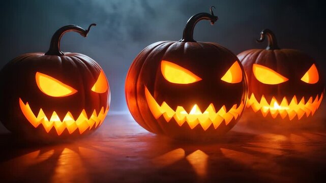 Spooky Halloween Carvings: Three intricately carved jack-o'-lanterns glow with an eerie light, their menacing grins and glowing eyes casting an enchanting spell in the dim ambiance.