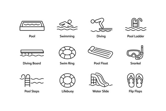Pool icons set: swimming, diving, lifebuoy, snorkel, water slide