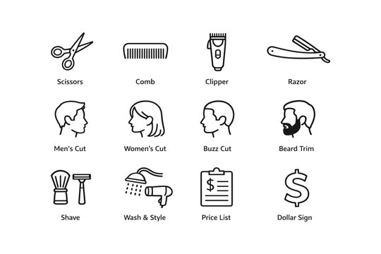 Barber symbols: scissors, comb, clipper, razor, hair cut types, grooming services