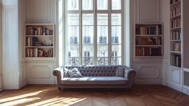 Bookcase, couch, wood floor, daylight