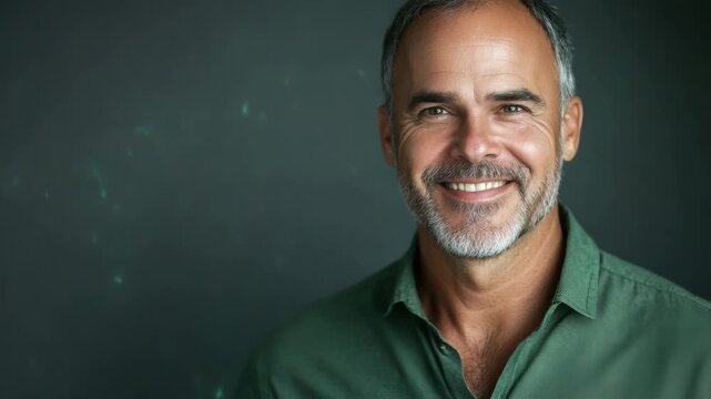 Male subject, happy expression, grey hair, green shirt, studio background, portrait orientation