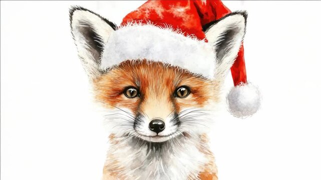 A festive depiction of a fox wearing a Santa hat for the holiday season.