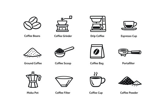 Coffee essentials icons: grinder, drip coffee maker, espresso cup, moka pot, coffee scoop