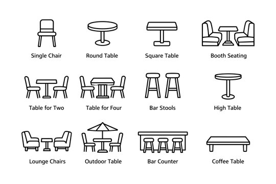 Various restaurant and cafe seating options with tables and chairs icons