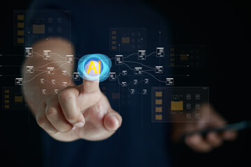 Businessman touching artificial intelligence with file data, AI technology concept for automation, document management system, digital transformation, machine learning and future business innovation.