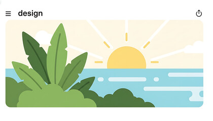 Fototapeta premium A serene tropical sunrise over calm ocean waters with lush green foliage in the foreground.