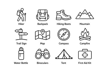 Fototapeta premium Essential hiking icons: backpack, boots, map, and more camping symbols