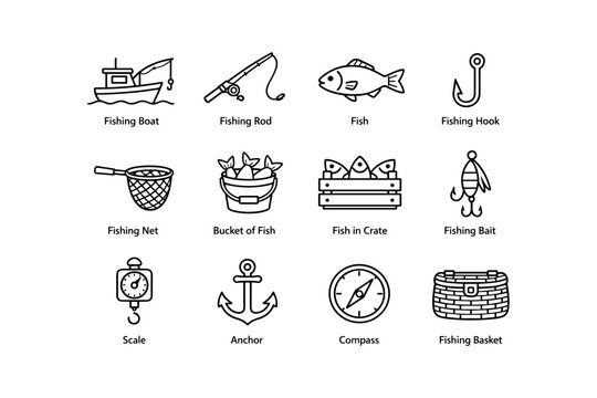 Fishing equipment and accessories collection: boat, rod, fish, hook, net, bait, anchor, compass