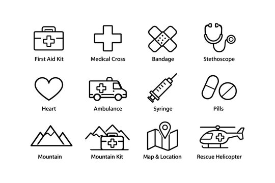 Emergency and medical icons including first aid kit and rescue helicopter