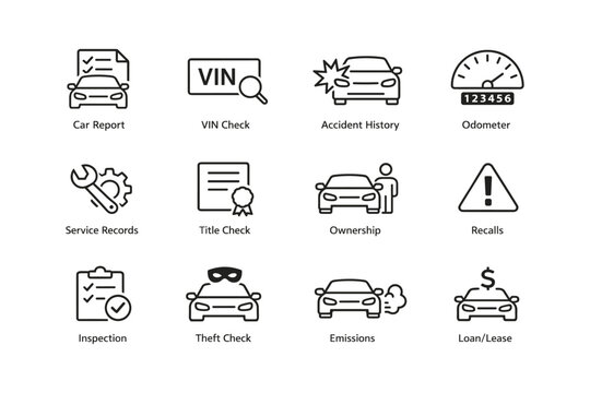 Car maintenance and history icons: vin, odometer, accident, service records, inspection