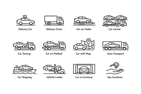 Vehicle transport icons: delivery truck, car trailer, auto transport, shipping, key handover