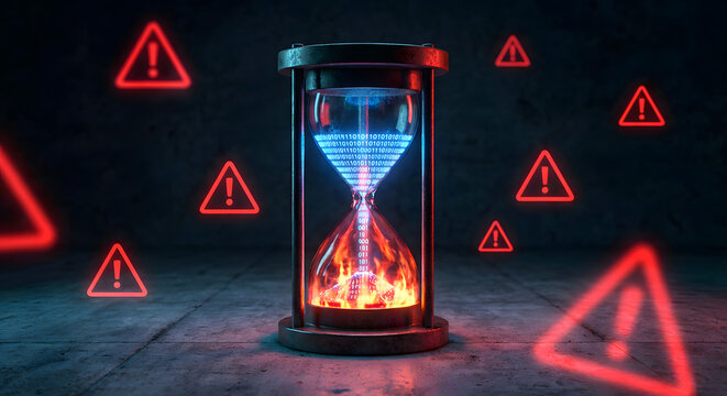 cybersecurity time pressure concept with glowing hourglass filled with digital binary code and fire surrounded by red warning alert icons representing data breach and system crisis