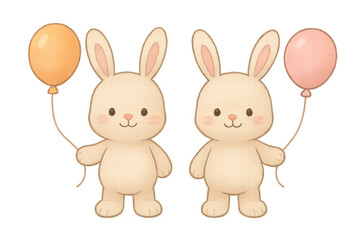 Obraz premium Kawaii rabbits holding celebration balloons, watercolor illustration