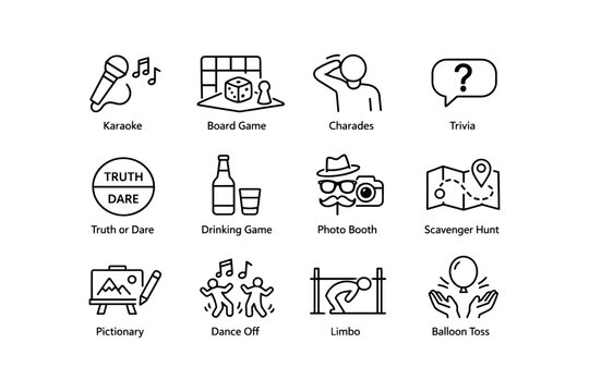 Party games icons set: karaoke, trivia, dance off, limbo, scavenger hunt