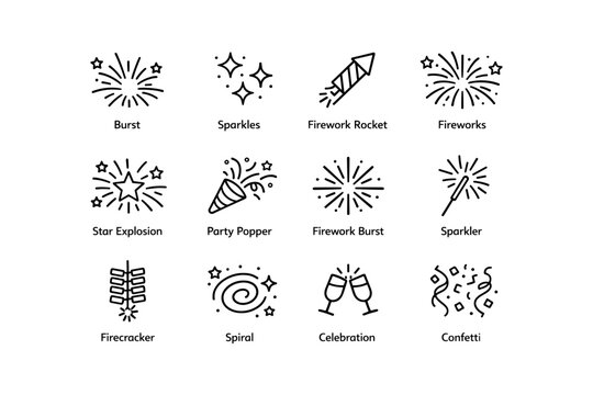 Festive fireworks and celebration icons set