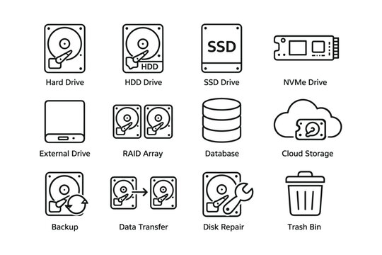 Computer storage icons: hard drive, ssd, nvme, cloud, backup