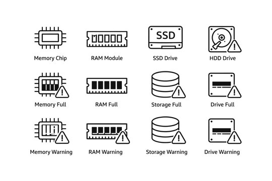 Memory and storage warning icons: chip, ram, ssd, hdd full alerts