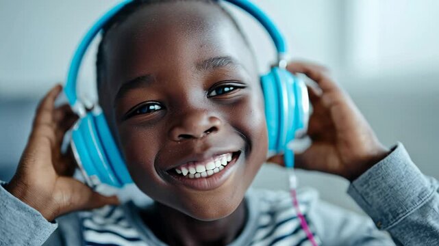 Smiling caucasian boy with yellow headphones enjoying lively music, eyes closed, hands holding headphones, wearing striped yellow shirt against vivid blue