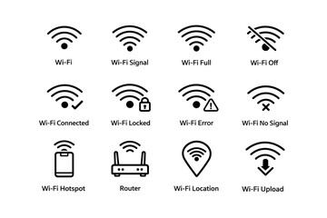 Wi-fi icons: signal, connected, locked, error, hotspot, router, upload symbols