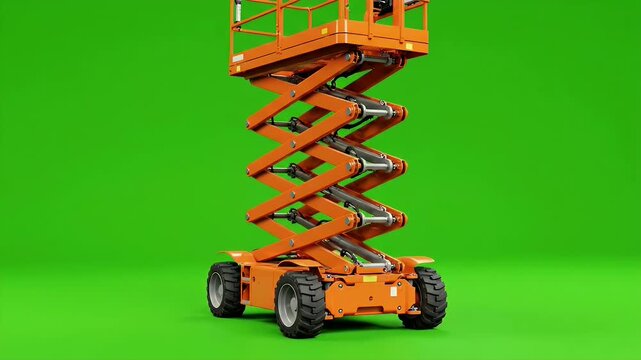 Orange scissor lift or aerial work platform isolated on a green screen, ready for chroma key compositing.
