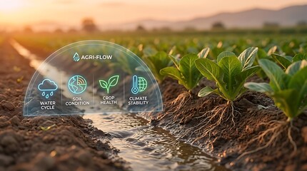 Smart Farming Technology Enhancing Crop Growth and Water Management in a Field at Sunset.