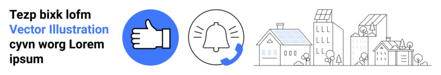 Social media, notifications, eco-awareness, communication, urban planning, sustainability. Thumbs-up icon, bell notification and eco-friendly building illustrations. Social media and notifications