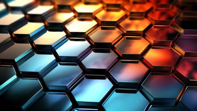 The video shows a pattern of hexagons with bright colors reflecting light. The design showcases vibrant shades that blend together.