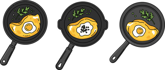 Three different styles of fried eggs cooking in black frying pans with garnish