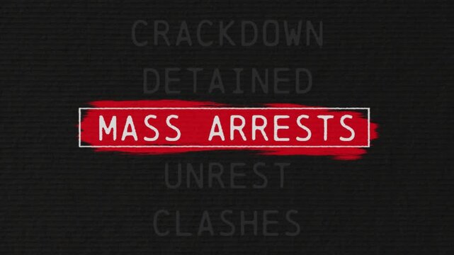 mass arrests scrolling text sequence with documentary style title animation for News topic and trend