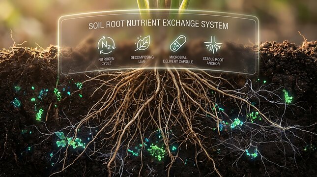 Soil Root Nutrient Exchange System with Glowing Microbes and Plant Roots.