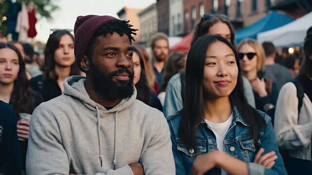Diverse Young Couple Attending Outdoor Festival or Market in Urban Setting with Crowd