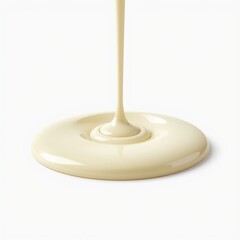 A close-up view of creamy white liquid being poured onto a flat surface creating a smooth splash and swirl on white background