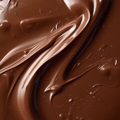 A close-up view of smooth flowing melted milk chocolate with glossy texture and swirling patterns on white background
