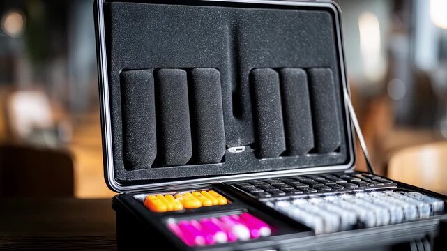 Focused view of a lightweight lighting kit case opened showcasing LED bulbs and controls with the surroundings gently fading out of focus.