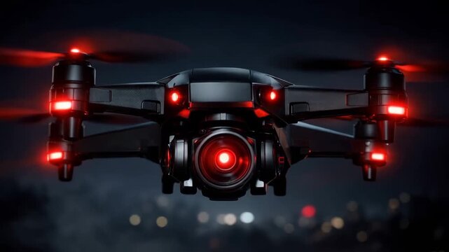 Black quadcopter drone with red lights hovering in the night sky, showcasing its camera and propellers against a blurred cityscape background