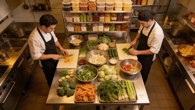 Two young adult Asian male chefs prep fresh vegetables in a commercial kitchen, overhead view of stainless worktable and mise en place, busy teamwork mood for restaurant service