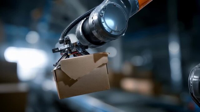 Closeup on a drones precision gripper handling stock items with crisp detail against an intentionally blurred industrial environment.