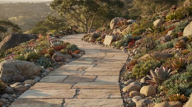 Medium shot of a curved pathway with succulent and rock garden border on a hillside highlighting colorful succulents and natural stones framed by a subtle blurred environment.