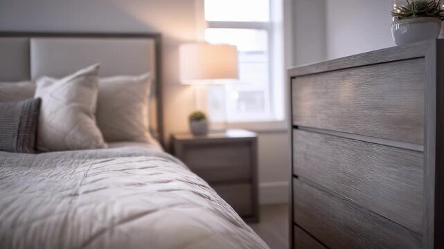 Close medium shot emphasizing a stylish minimalist bedroom set with a neutraltoned bed and coordinated dresser and nightstand with subtle bokeh in the background.