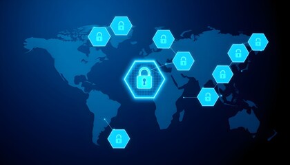 Global network security map with padlock icons on hexagons worldwide