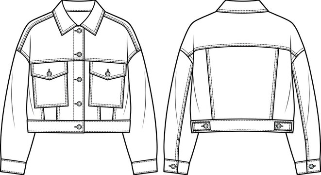 Technical Fashion Flat Sketch of Cropped Oversized Denim Jacket, Front and Back View