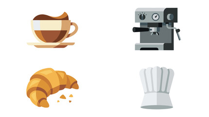 Flat Vector Illustration Set of Four Cafe and Hospitality Icons Featuring a Hot Coffee Cup, Professional Espresso Machine, Fresh Flaky Croissant, and a White Chef Hat on a Plain Background.