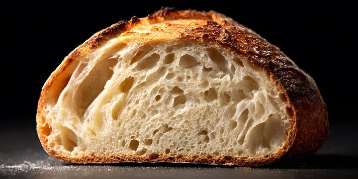 Conceptual Artisan Sourdough Bread Loaf Slice with Airy Crumb Texture and Golden Crust on Dark Background, Cinematic Lighting, 4k Detail.