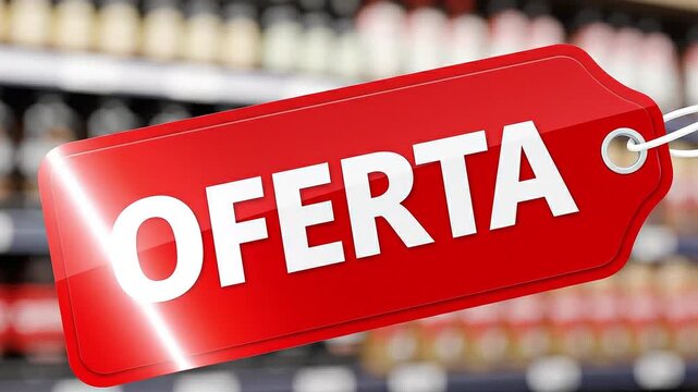 Red Glossy Price Tag with White Oferta Text and Light Flare in a Blurred Supermarket Store