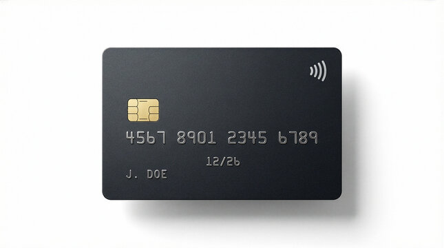A black credit card with a gold chip on a white background