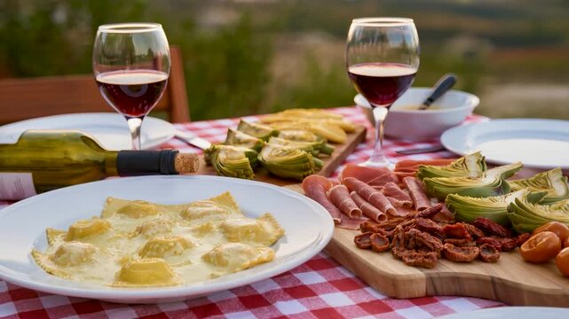 An alfresco Italian dinner is served on a red checkered tablecloth featuring creamy ravioli two glasses of red wine and a charcuterie board with prosciutto and artichokes